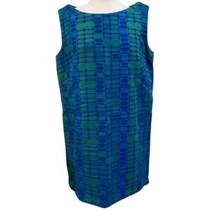 Vntg 60’s blue & green geometric handmade pullover sleeveless shift dress Volup